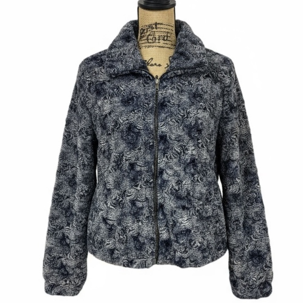 Johnny Was Rosaline Faux Fur Bomber Jacket Full Zip Silk Lined Blue Size Small